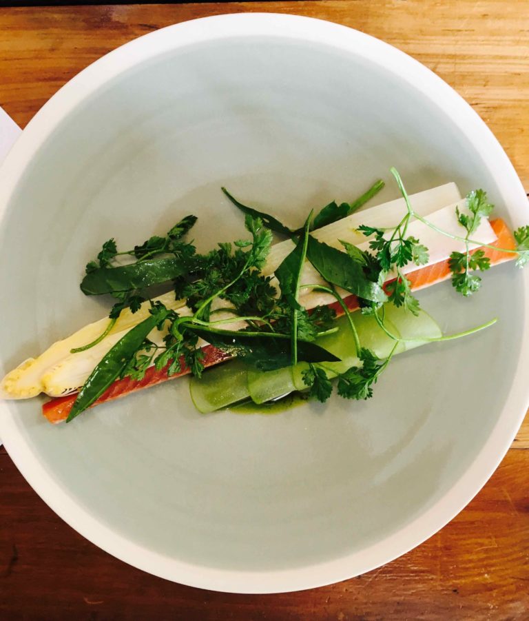 Asperge & Truite, entrée au Café Sillon, chef Mathieu Rostaing